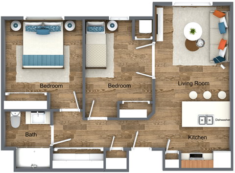Floor plan for 2 beds, 1 bath, 765 sqft